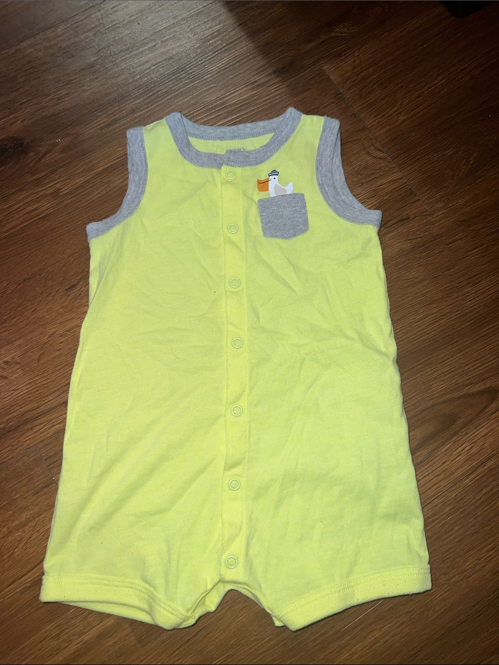 Carter's Yellow Sleeveless Romper with Gray Trim and Duck Pocket